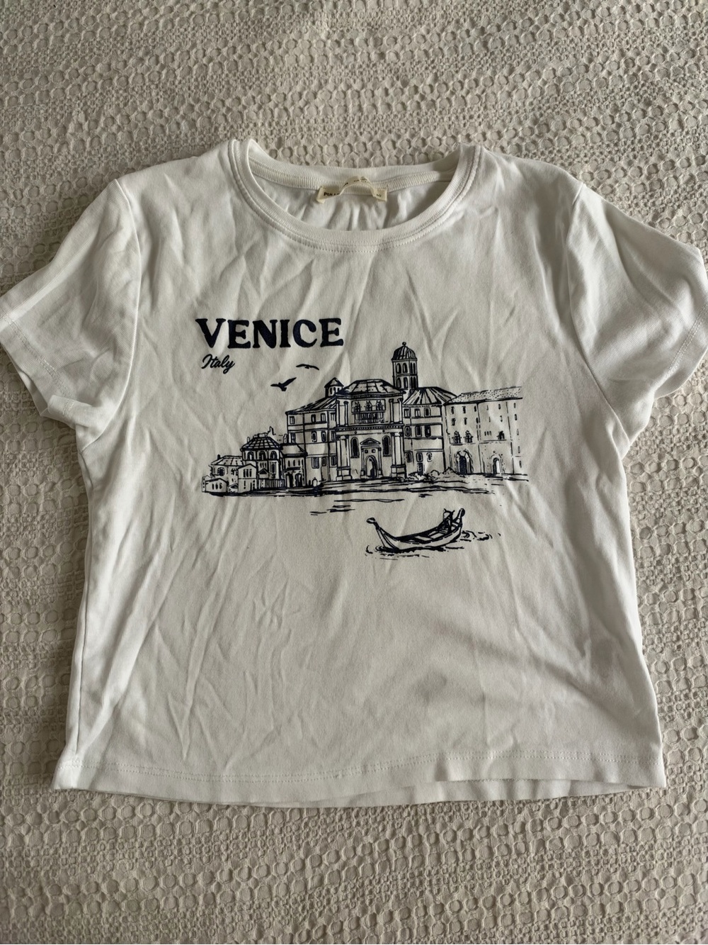 Pull&Bear White Tee with Navy Venice Graphic - Women